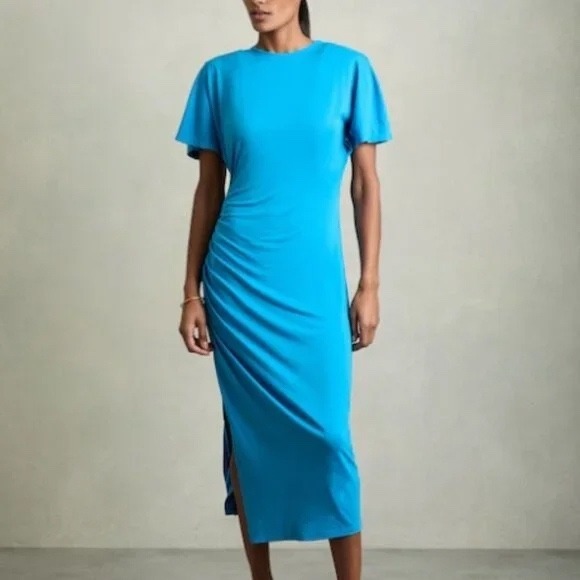 Reiss Dresses & Skirts - Reiss Blue Side Ruched Midi Dress Short Sleeve Crew Neck Slit Size 12